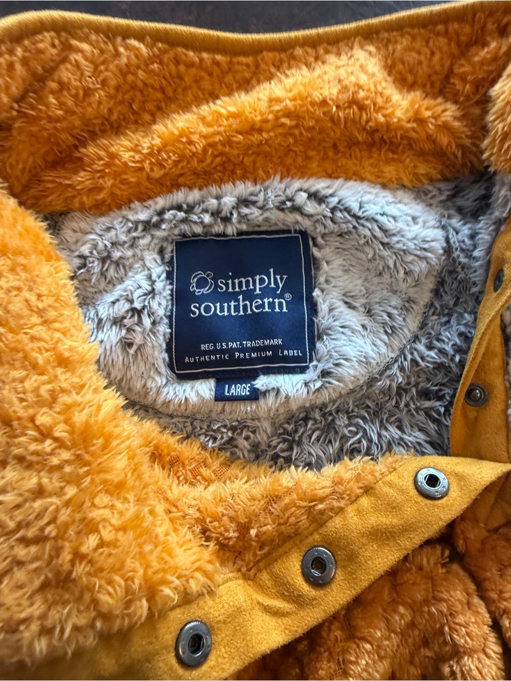 Simply Southern Sherpa Fleece Pullover Large Gray Mustard Snap Neck Cozy Sweater